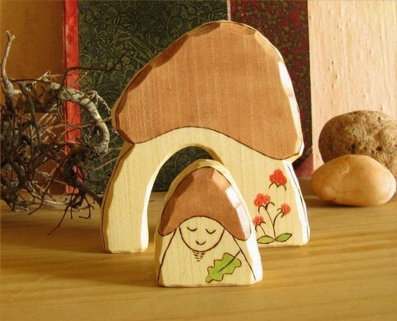 GNOME HOME - mushroom house with gnome- wooden carved toy - waldorf inspired