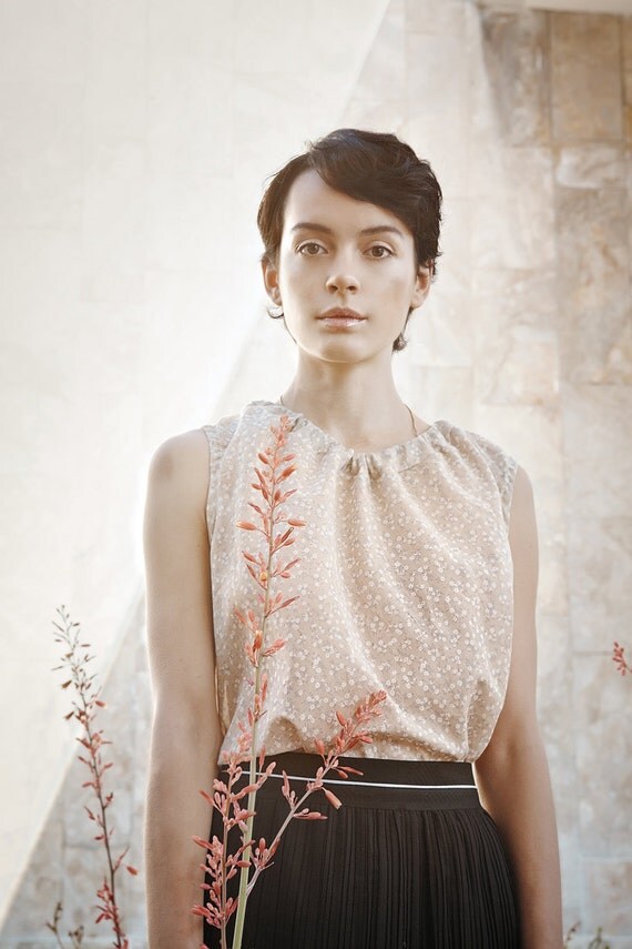 Cotton Chiffon white flowers beige blouse with tying