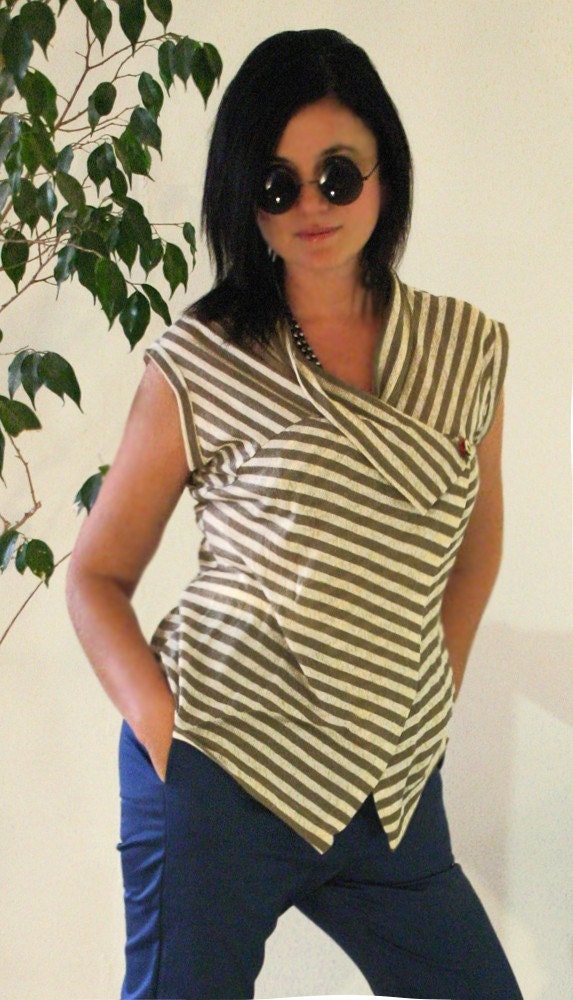SALE 30% WRAP asymmetrical top in beige strips