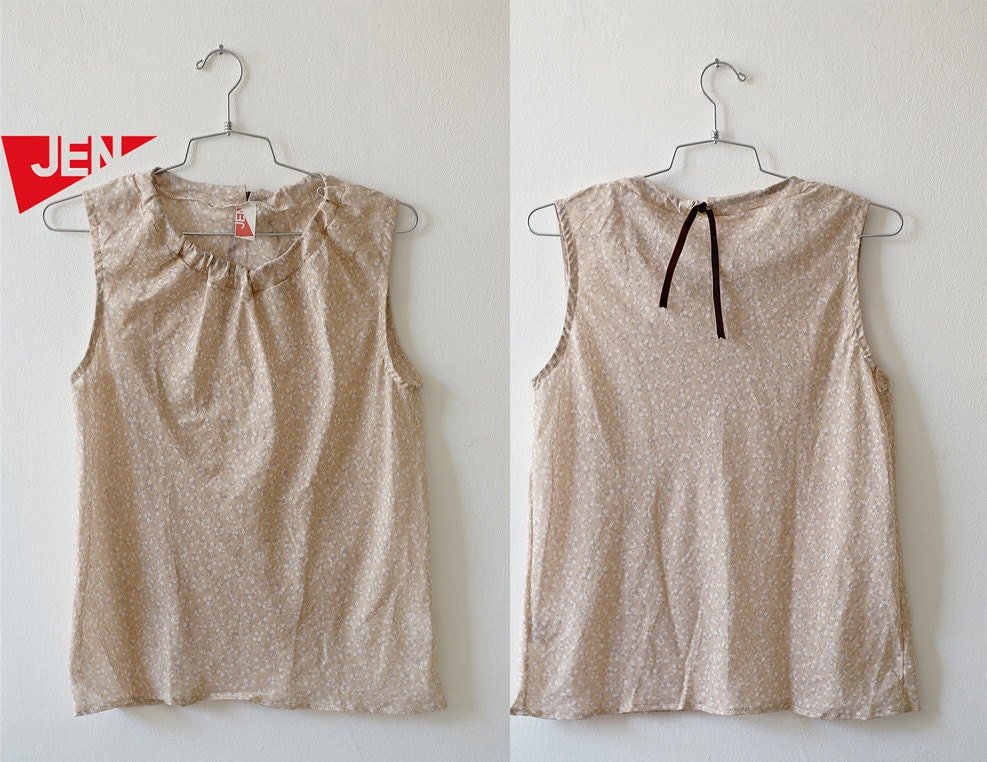 Cotton Chiffon white flowers beige blouse with tying