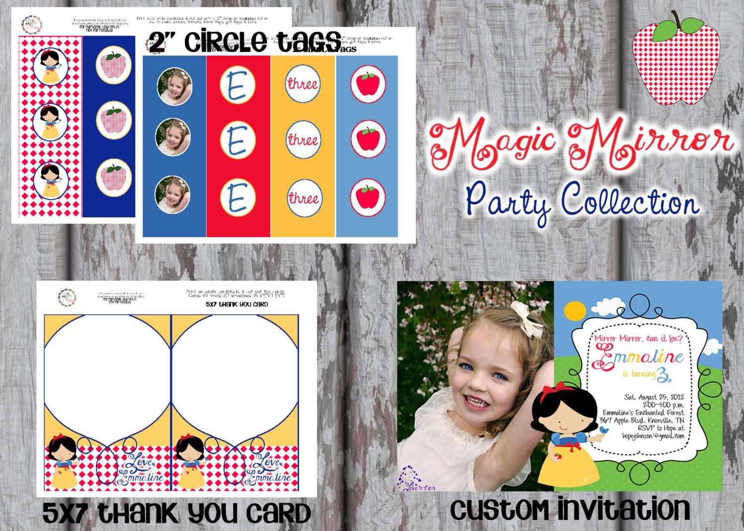 MAGIC MIRROR Snow White InspiredBirthday Party Collection-DIY Printable Party Package- Red, Blue, Yellow- By Moo Moo's & Tutus Design Studio
