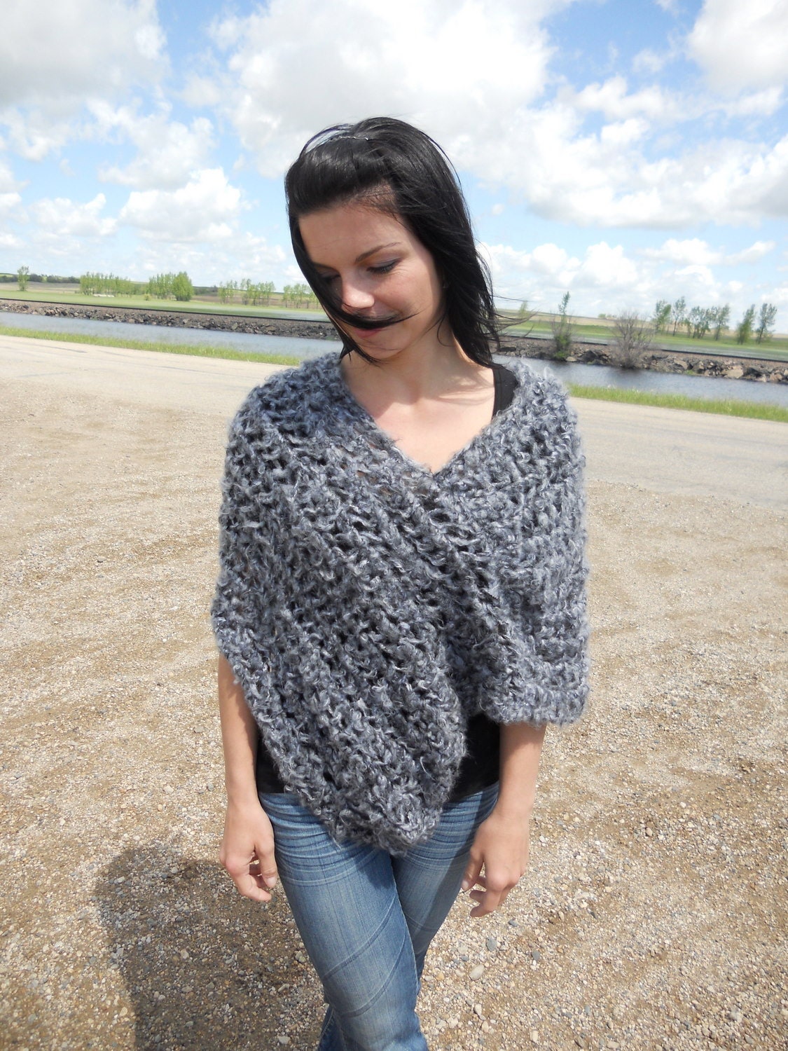 Luxury hand knit shawl / knitted wrap / cowl / poncho in grey color