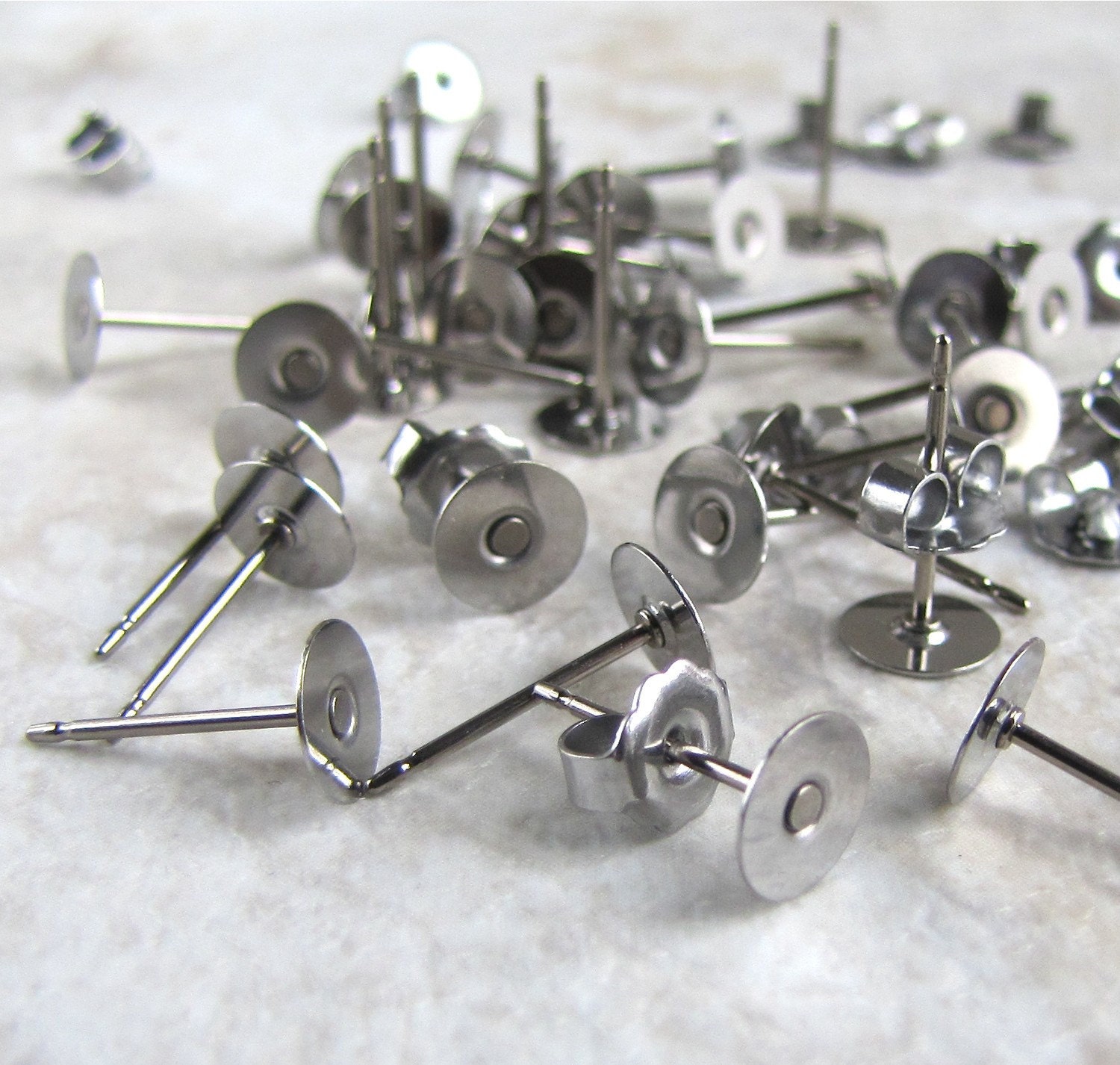 Nickel Free 100pcs 6mm TITANIUM Flat Pad Earring Posts with backs - 11.5mm long
