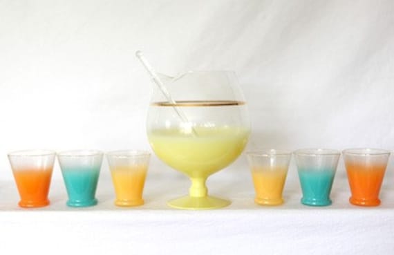 Fabulous Vintage Sherbet Colored Frosted Glass Pitcher and Glasses Set
