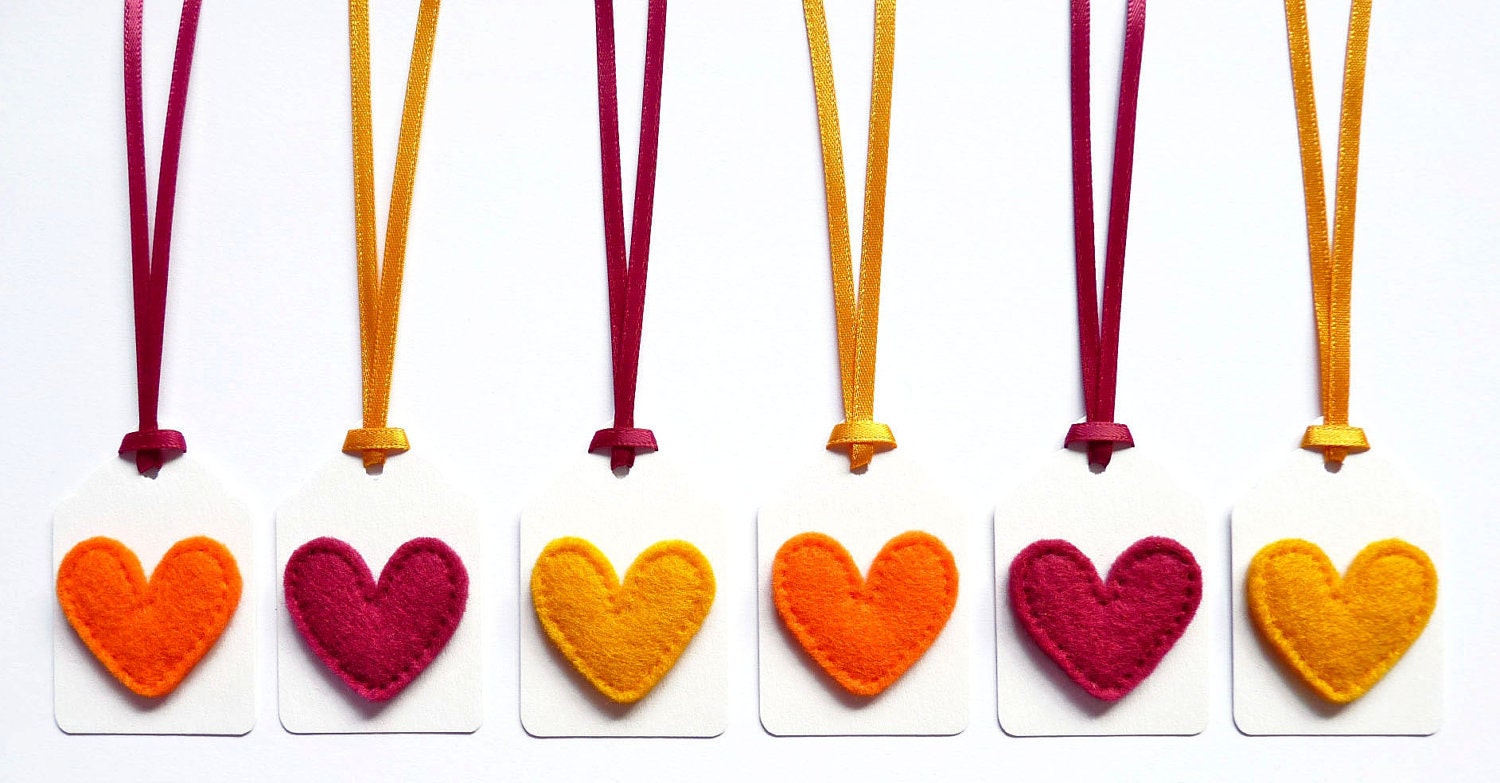 Felt Heart Christmas Gift Tags / Name Tags with Satin Ribbon Ties in Pink, Yellow & Orange (Set of 6)