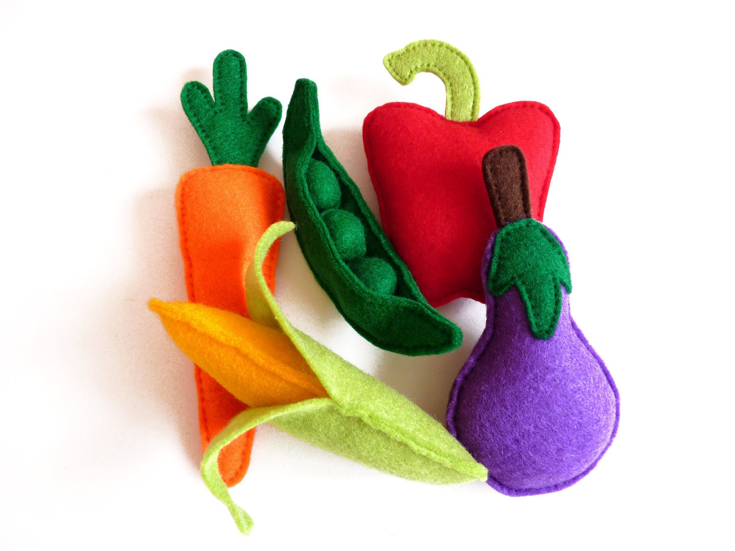 Felt Vegetable Play Set / Toy Play Food (Set 5) Aubergine/Eggplant, Carrot, Corn on the Cob, Peas in Pod, Pepper - Christmas Gift for Kids