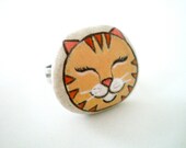 Smiling Ginger Cat Ring - Painted Stone Cat Art Jewelry  - original wearable miniature art , for cat lovers