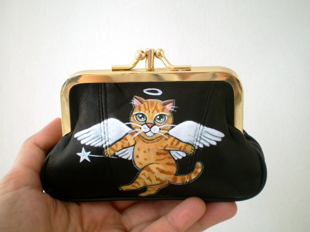 Painted Kitty Cat Leather Purse kitty cat art by ShebboDesign