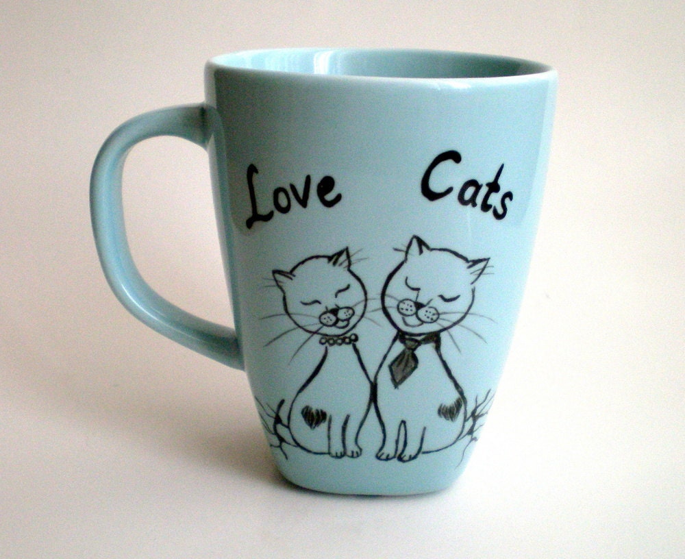 Blue Mug, Hand Paint Love Cats ,  gift for cat lovers,  pet lovers, unisex gift under 25