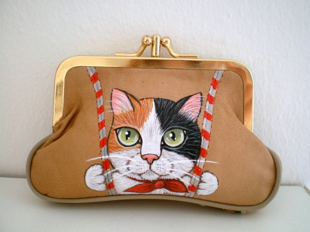 Cat Purse - Handpainted Calico Cat - Camel Leather Purse - kitty cat coin purse wallet unique gift for pet lovers