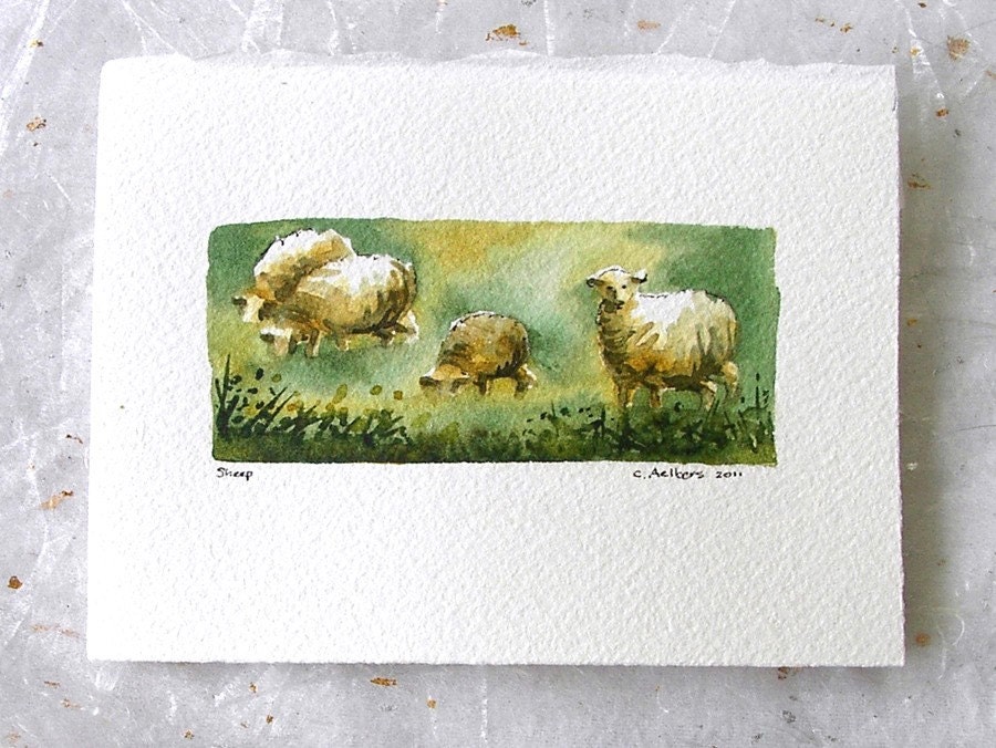 Sheep Original Watercolor Art Card For Sale