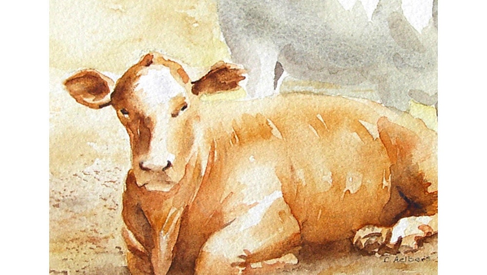 The Brown Cow Original Watercolor Painting, Western Cowboy Art