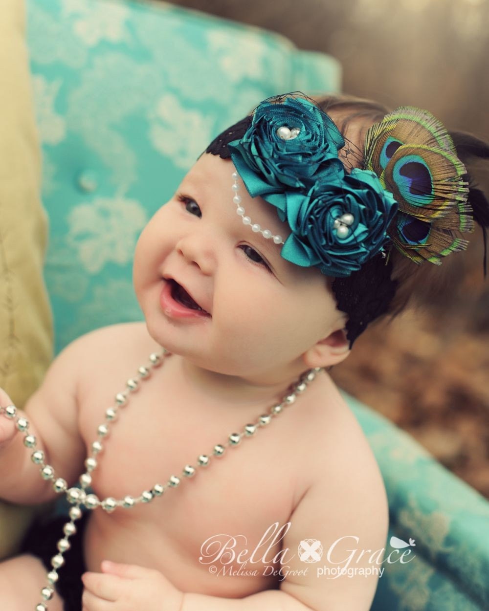 Vintage Boutique Couture Rosette Flapper Headband Pearls French Netting Peacock Feathers for Newborns through Adults