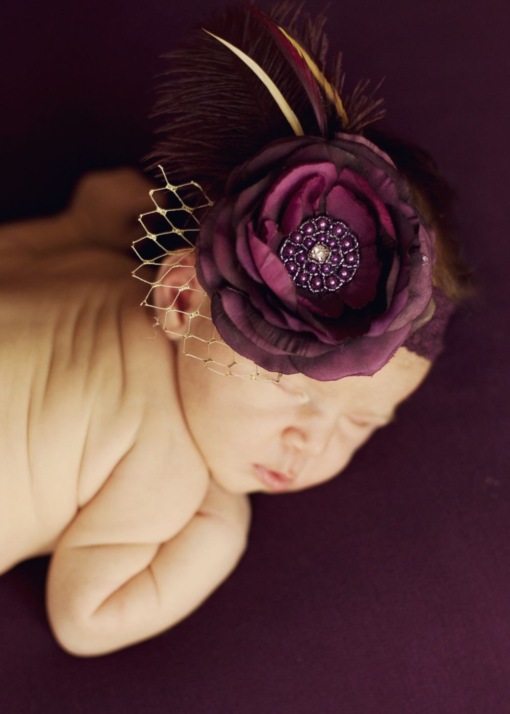 Vintage Couture Headband Plum Flower Feathers Veiling Rhinestone on Stretch lace Makes a great Photo Prop