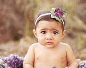 Couture Purple and Green Flower Headband with Peacock Feathers Pearl Veiling for Newborns Infants Girls Adults LIMITED STOCK