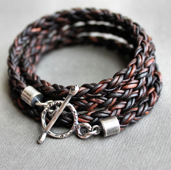 Leather Wrap Bracelet Brown Braid Silver Rustic Toggle Clasp