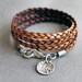 Leather Wrap Bracelet Brown Thin Flat Braid Sterling Silver Charm