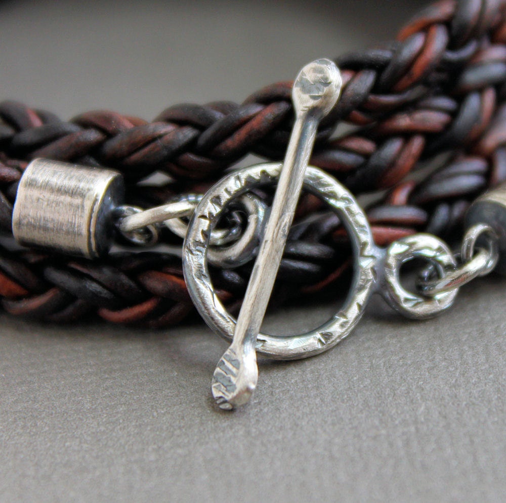 Leather Wrap Bracelet Brown Braid Silver Rustic Toggle Clasp