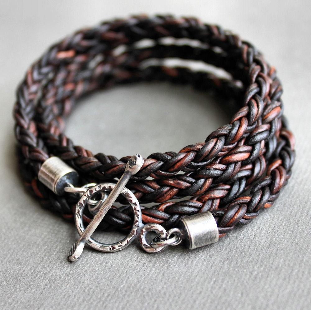 Leather Wrap Bracelet Brown Braid Silver Rustic Toggle Clasp