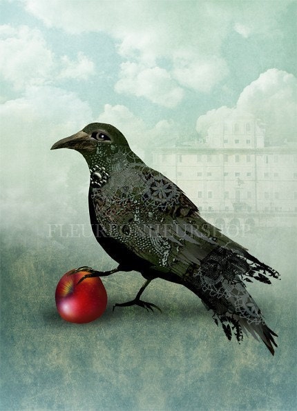Crow with Apple- digital painting\/collage