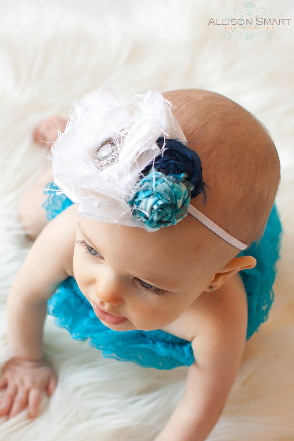 SWANKY Vintage Couture Silk and Lace Rhinestone Fabric Flower cluster  - Navy White Teal Turquoise - (Custom Order) - Photo Prop