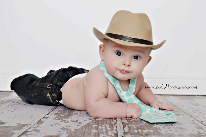 Little Guy Necktie Tie - Aqua and Ivory Polka Dot - (Newborn - 12 months) - Baby Boy Toddler - Wedding - Photo Prop