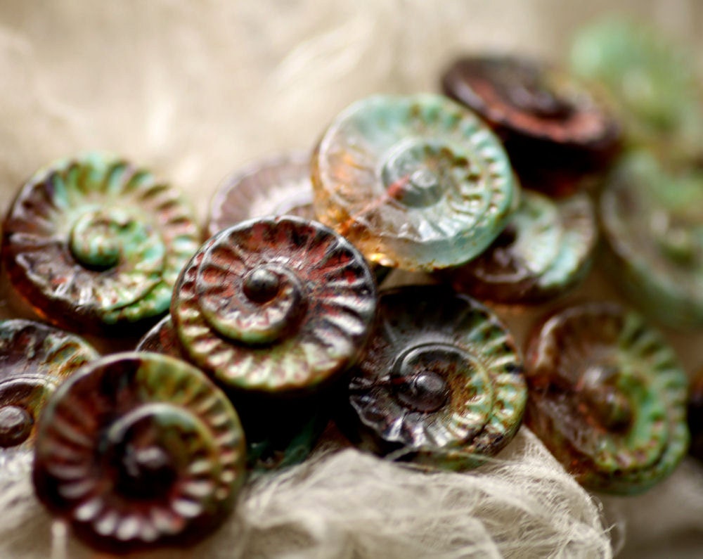Picasso Czech Glass Beads, Patina Spiral Chunky Pressed Disk, 19mm, 4 - LAST ONE