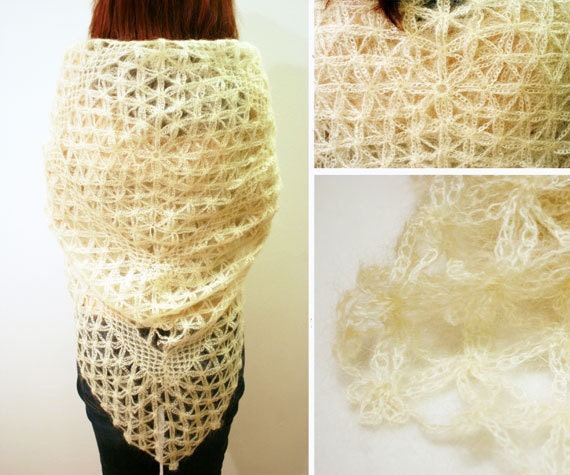 My Grandmother's Bridal Shawl (Vintage cream crochet square wool shawl)