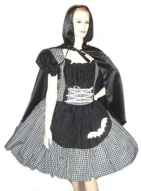 Gothic Little Red Riding Hood Halloween Costume Dress and Cape  Black Gingham White Bat Applique