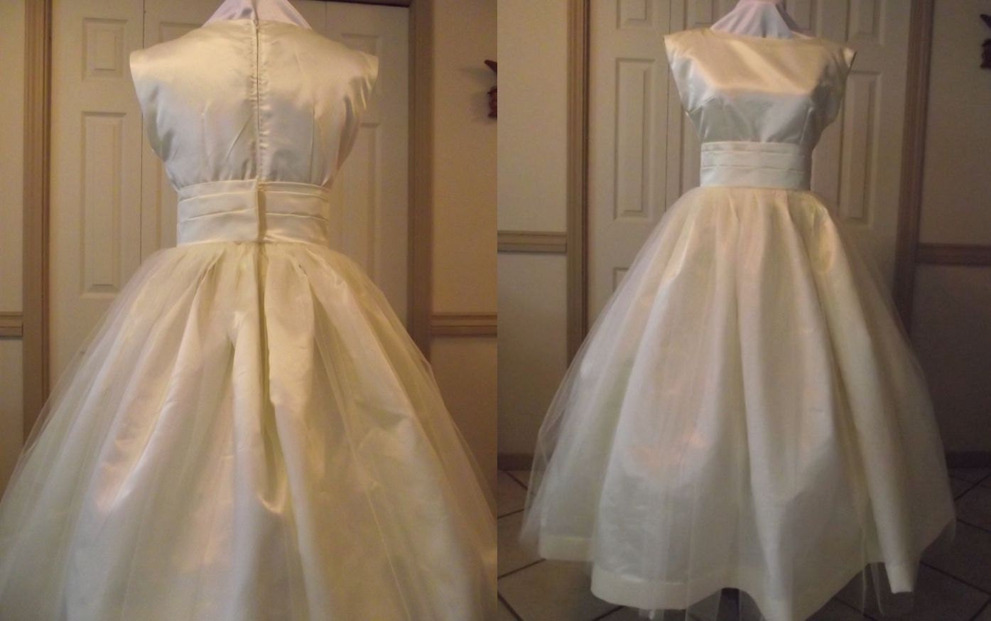 Wedding Gown Audrey Hepburn Retro  Dress and Sash Tea Length Satin and Tulle Custom Made Plus Size