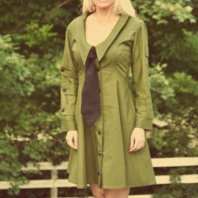 Dieselpunk Army Dress Retro Aline Military Green Dress and Black Tie Steampunk Scout Dress Custom Size Made to Measure Plus Size