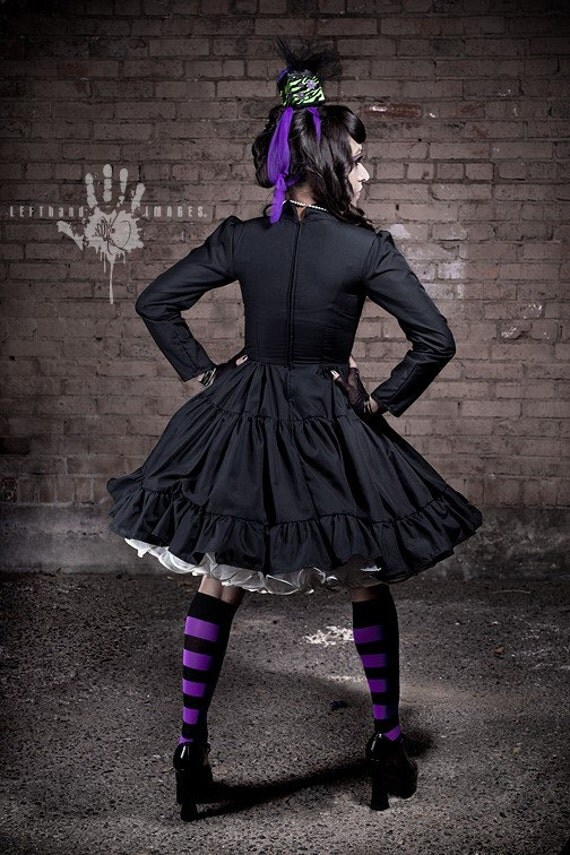 Steampunk  Lolita Gothic Black Military Dress with Full Ruffled Skirt & Gears Custom Size
