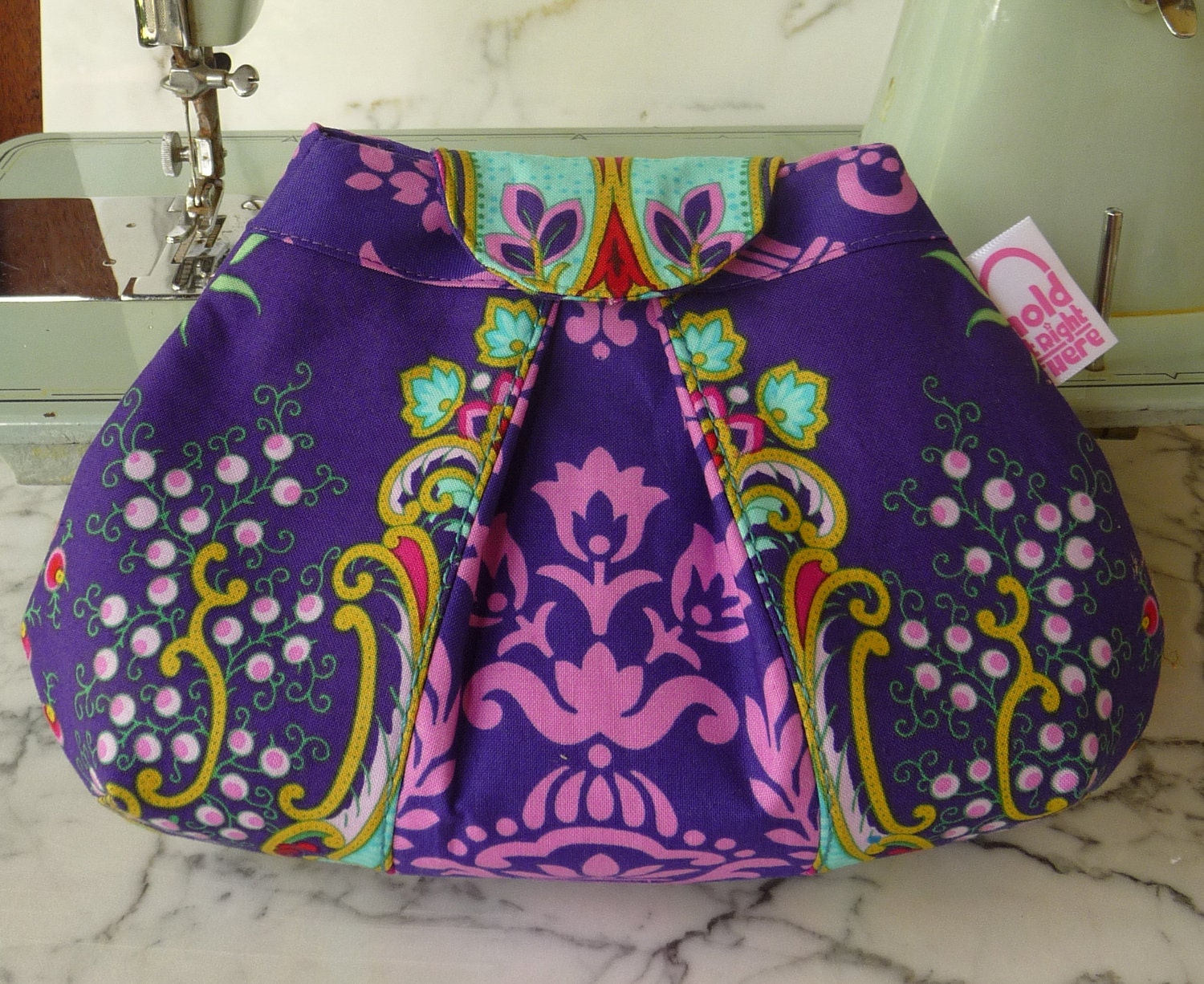 SMALL PLEATED CLUTCH - Peek-a-Boo Pleat Purse in textile designer Jennifer Paganelli's purple cotton Crazy Love fabrics