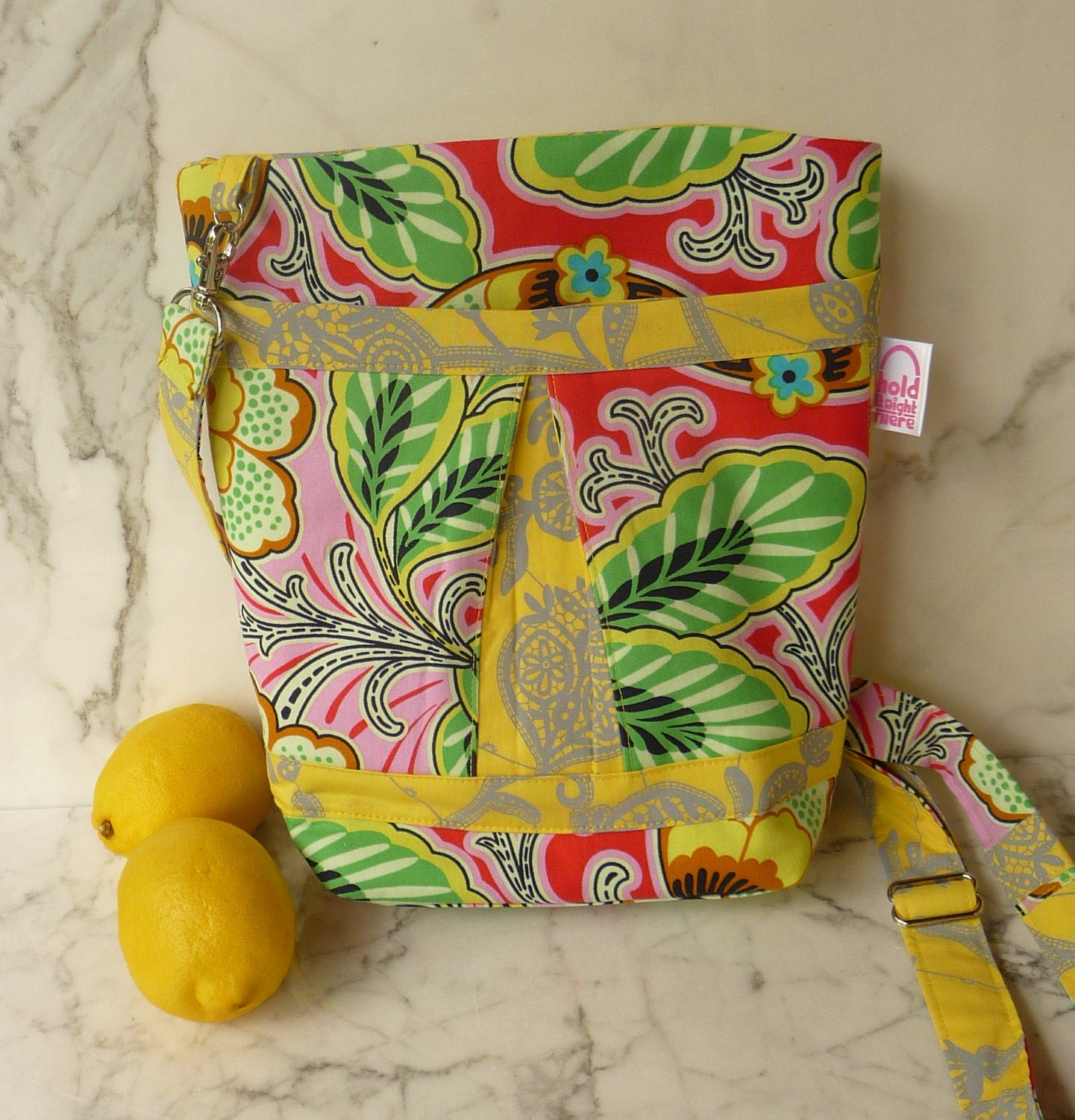CROSS BODY HIPSTER Purse - Pleated Lemon Yellow and Green Floral Couture -  Amy Butler Lark Collection Cotton Fabrics
