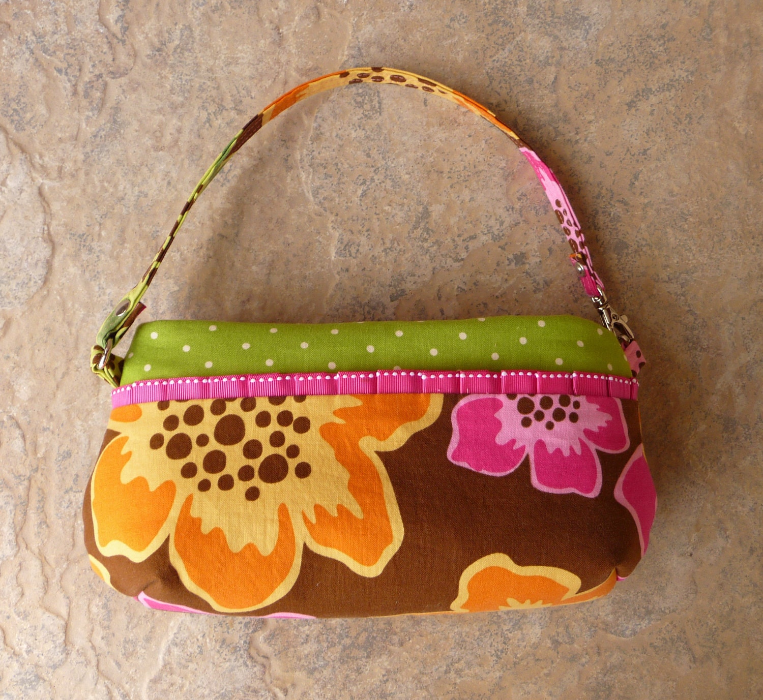 CONVERTIBLE 2 in 1 Wristlet and Shoulder Bag, beaded zipper pulls, handmade trim in Large Modern Flowered Cotton Print