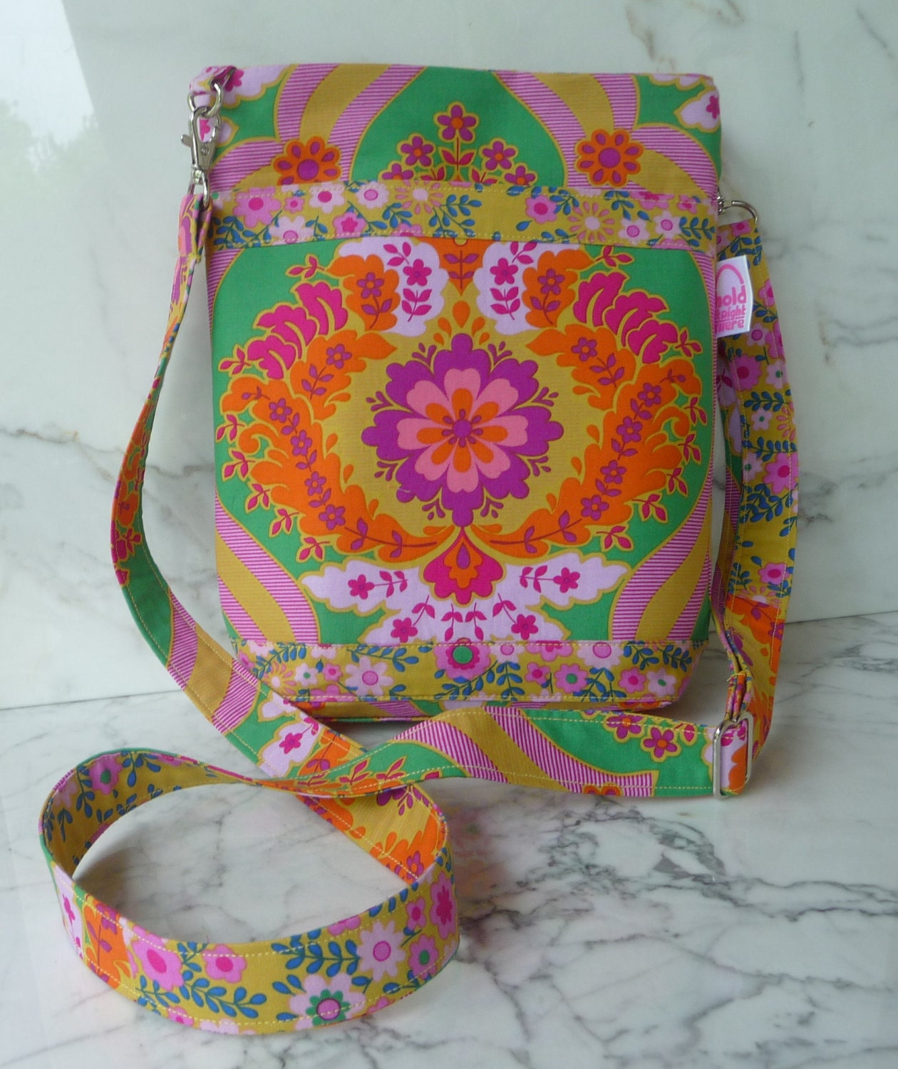 CROSS BODY HIPSTER Purse in Jennifer Paganelli's Crazy Love Print with Adjustable Strap Zippered Pocket and Flower Zipper Pulls