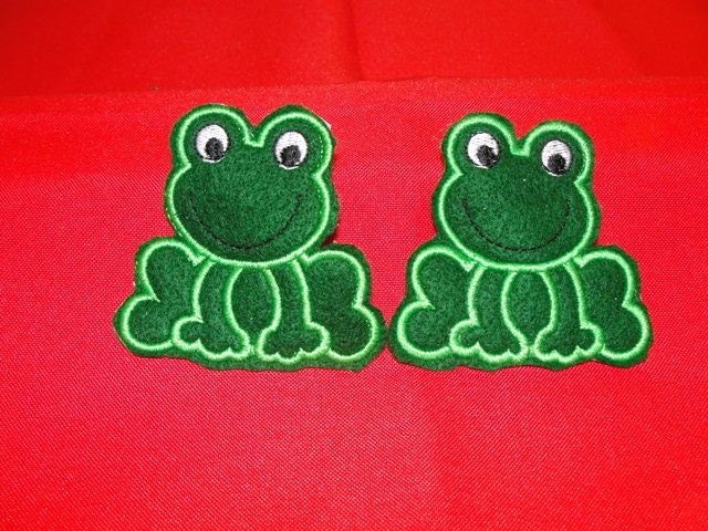 2 Small Green Frog Barrettes - Machine Embroidered