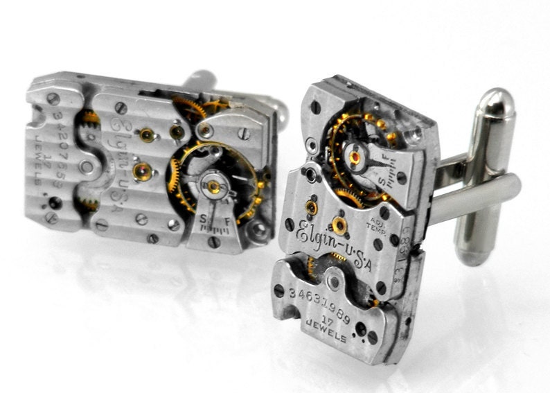 Steampunk Cuff Links, Vintage 'Pinstriped' Elgin Watch Movements - Torch Soldered