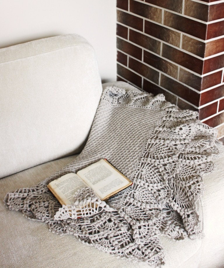 knitted stole shawl blancet afgan color latte or camel with grey shade large with crocheted laces