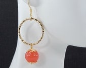 Gold Hammered Hoop Earrings with Red Quartz Bead, Nellie Collection