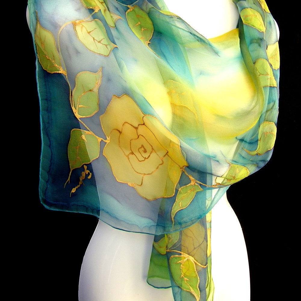 Roses Silk Scarf, Hand Painted Silk Scarf, Gold Yellow Turquoise Aqua, Floral Chiffon Silk Scarf, CUSTOM ORDER