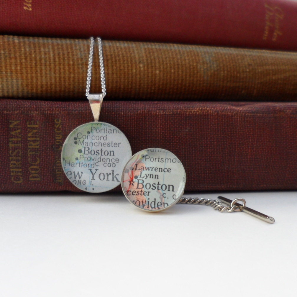 Custom Sterling Silver Map Pendant and Tie Tack, Bride and Groom Set