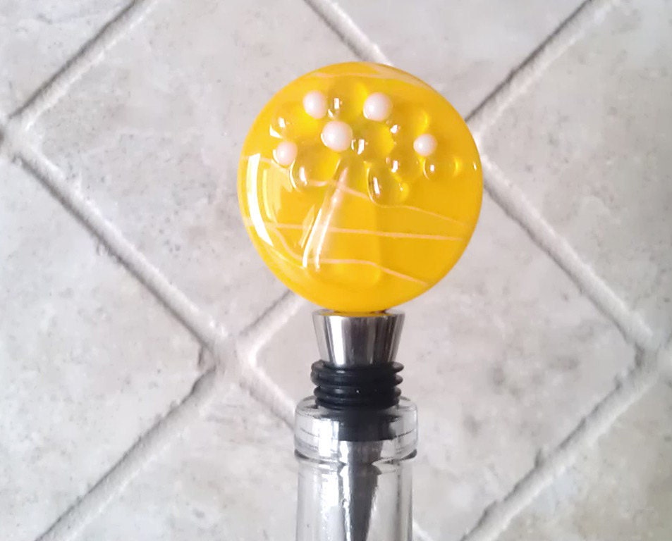 Wine Bottle Stopper Yellow Tree Motif - High Relief - Large
