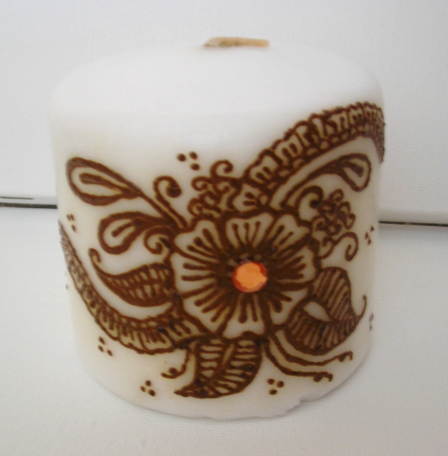 Henna Candle Floral Design, Color Me Orange Henna Candle - Unique Global Art, Handpainted Henna on Candle, OOAK