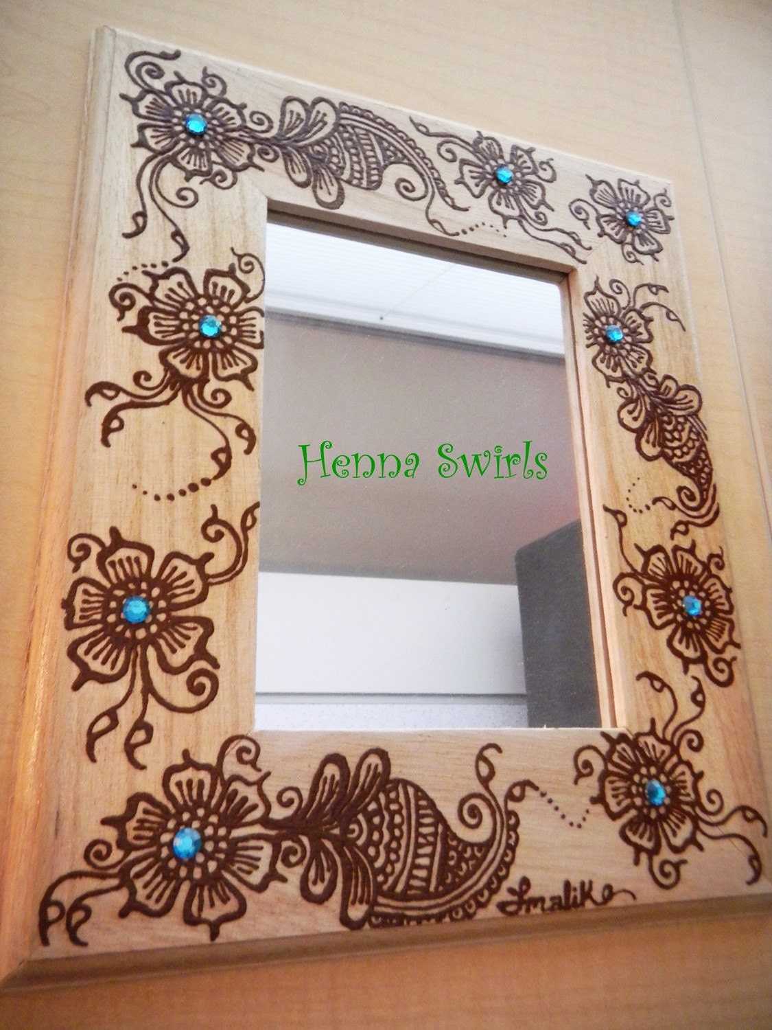 Mirror with Henna, Turquoise Flower Mirror, Henna Art - One of a Kind - Original - Free Shipping Worldwide