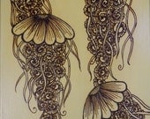 Jellyfish, Acrylic Mixed Media Painting with Henna Design, Unique, OOAK, Global Art, Free Shipping Worldwide