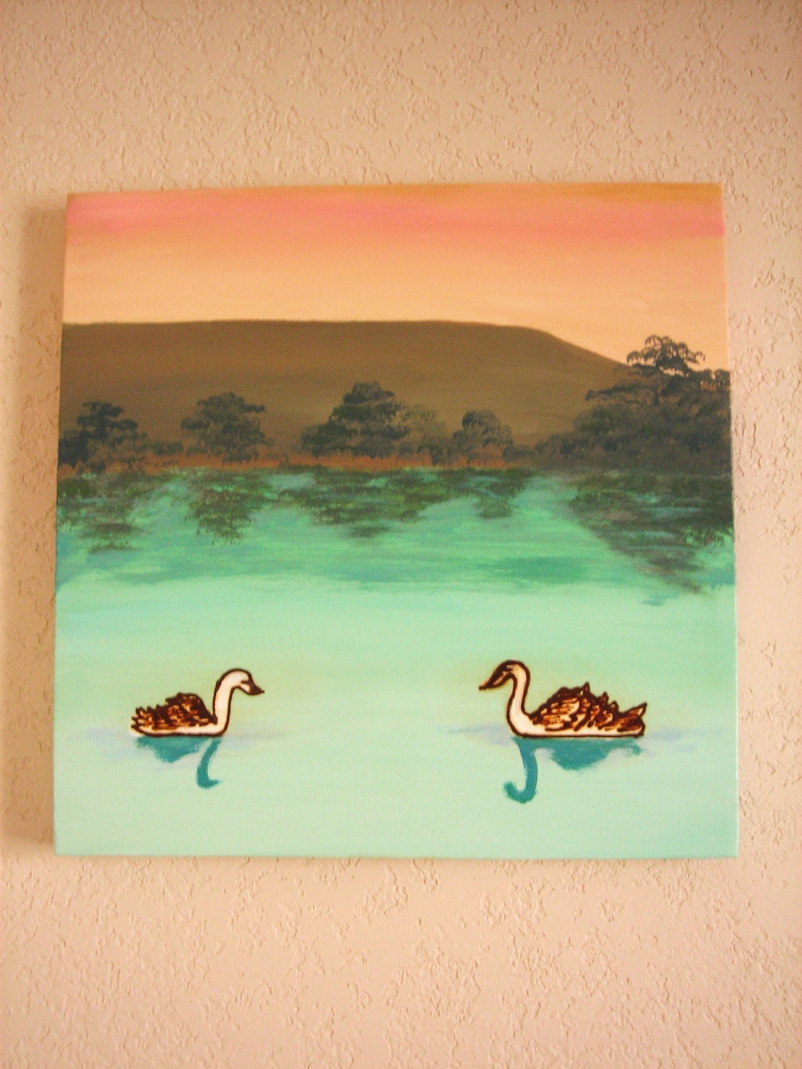 Original Acrylic Painting with Henna, Meeting a Long Lost Swan Friend at Sunset - OOAK, Henna Art, SALE