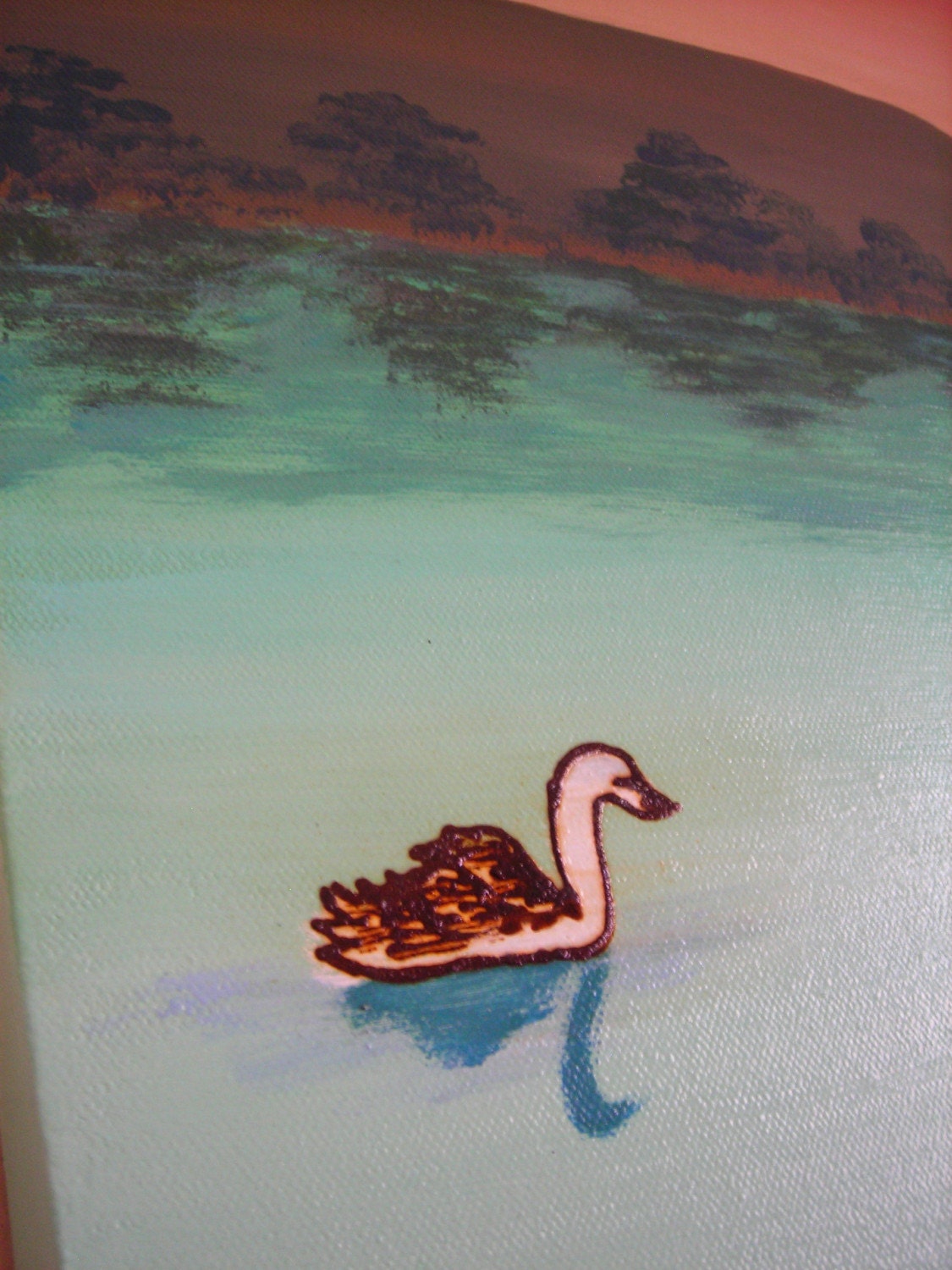 Original Acrylic Painting with Henna, Meeting a Long Lost Swan Friend at Sunset - OOAK, Henna Art, SALE