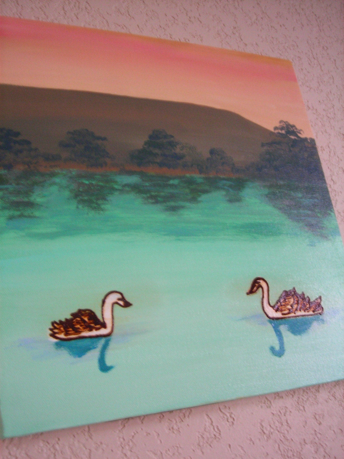 Original Acrylic Painting with Henna, Meeting a Long Lost Swan Friend at Sunset - OOAK, Henna Art, SALE