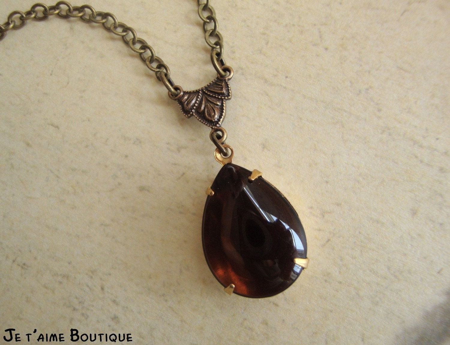 LE CHOCOLAT - Vintage Estate Style Necklace In Antiqued Brass With Cognac Teardrop Glass Jewel Crystal Chocolate Brown Feminine Gift For Her